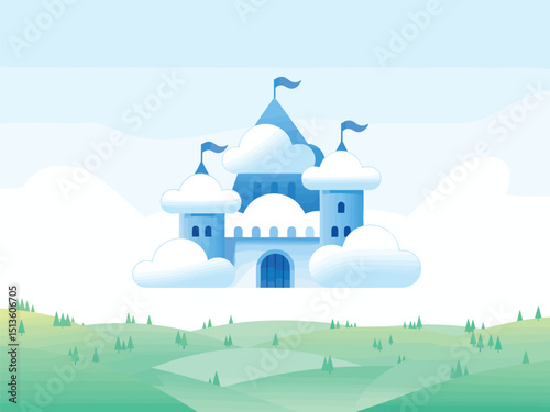 whimsical cloud castle vector flat minimalistic illustration 