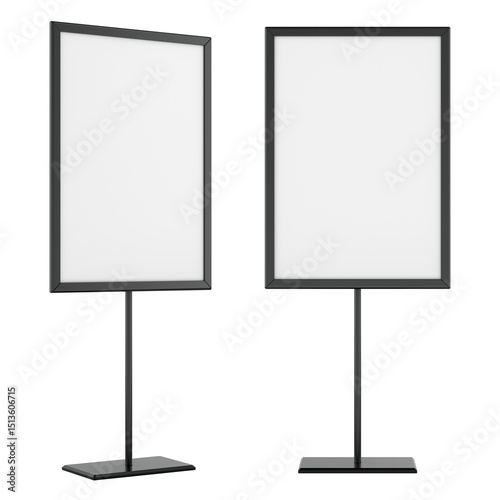 Vertical Sign Holders on Metal Stands Blank. Double Display Mockup. 3D rendering isolated on transparent background