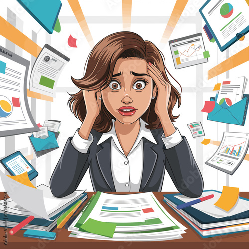 panic businesswoman, flat vector illustration of business woman in stress, surrounded by work and stress factors icons