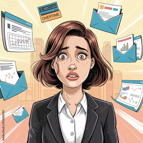 panic businesswoman, flat vector illustration of business woman in stress, surrounded by work and stress factors icons