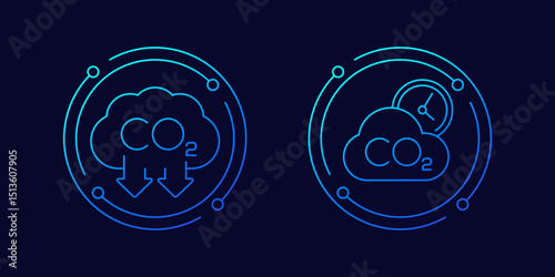 carbon emission icons, reduce co2 gas, linear design