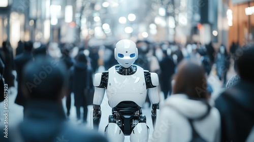 Wallpaper Mural A futuristic AI robot walking alongside humans in a bustling city, blending seamlessly into the crowd. Torontodigital.ca