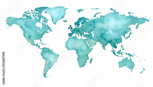 Teal Watercolor World Map Illustration