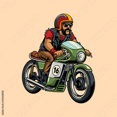 A Bearded Man wearing open face crash helmet and sunglasses riding a green retro cafe racer motorcycle, isolated cartoon illustration on a light background