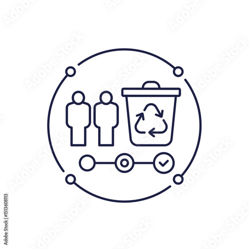 waste management line icon with workers and trash bin