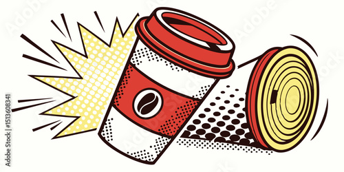 Coffee cup bursting with energy, showcasing vibrant pop art style in a dynamic design