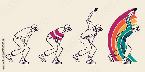 Dynamic illustration of a skateboarder performing a trick with colorful wave patterns in the background