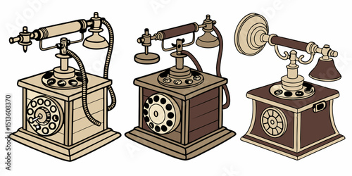 Vintage telephone designs showcasing unique features and styles from different eras in a creative layout