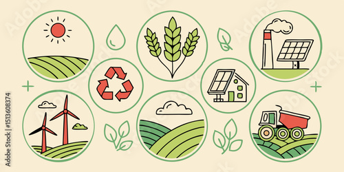 Eco-friendly farming practices showcased through diverse illustrations of sustainable agriculture and renewable energy sources in green fields