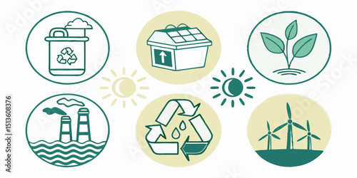 Environmental sustainability icons illustrating recycling, renewable energy, and green practices in a simplified design