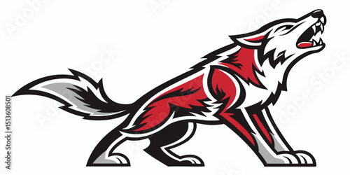 Wolf howling in fierce pose with stylized design in shades of red and gray against a light background