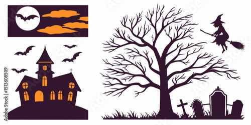 Creepy Halloween themed silhouettes featuring bats, witch, and haunted house against a moonlit background