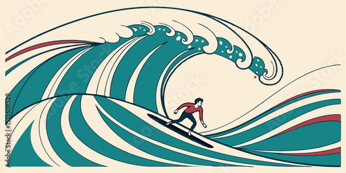 Surfer riding a vibrant wave in a dynamic and stylized ocean setting