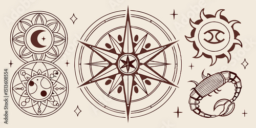 Decorative zodiac and compass art featuring various symbols on a light background