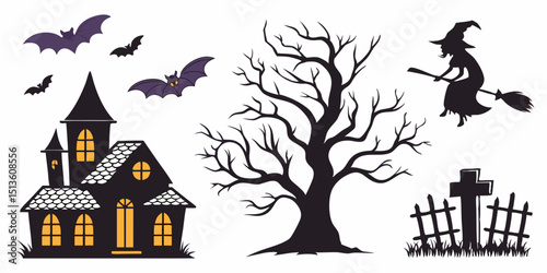 Halloween decorations featuring a witch, bats, a haunted house, and a spooky tree in a playful design