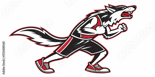 Energetic wolf mascot in athletic gear displaying determination during a sports event