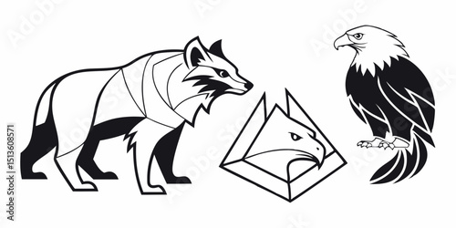 Stylized animal designs featuring a wolf, eagle, and a geometric shape, ideal for artistic and graphic projects