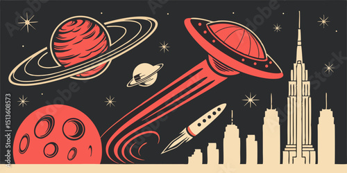 Futuristic urban skyline with rockets and planets illustrating an imaginative and colorful space adventure