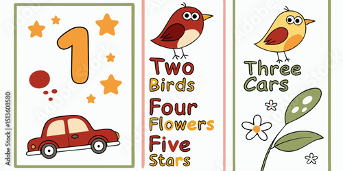 Educational fun with numbers and nature featuring birds, flowers, and cars designed for young learners