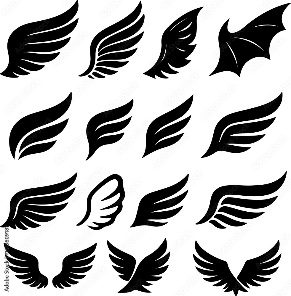 Fototapeta premium Black vector wing set with bird and feather silhouettes in tribal style
