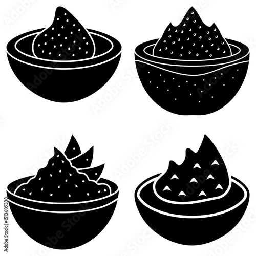 Four bowls filled with different types of dips and chips in a black and white illustrated style