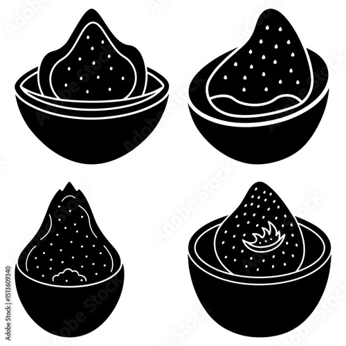 Four bowls each containing a single fruit with dotted pattern in a simple black and white illustration