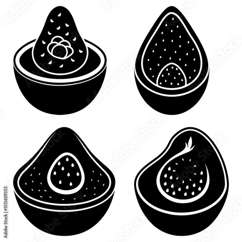 Four black and white illustrations of halved figs showing the interior details and seed patterns clearly