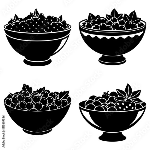 Four bowls filled with berries and leaves in black and white vector illustration design art work
