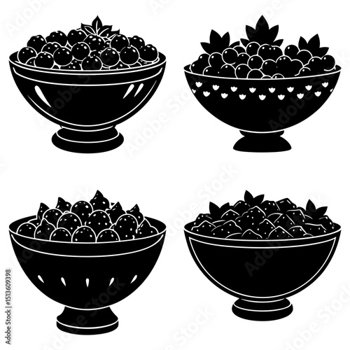 Four bowls filled with different types of berries and toppings in a black and white illustration style