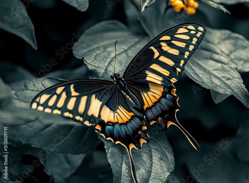 Black and green butterfly on a leaf, nature background. Beautiful tropical blue and yellow swallowtail butterfly with big wings close up. In the jungle forest, a love concept for a Valentine's Day car
