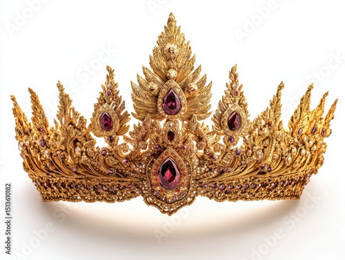 Ornate gold crown with red gemstones isolated on white background