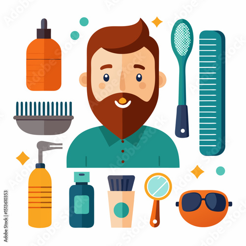 World Beard Day Vector Set - Beard Icons, Grooming Tools, Male Profile on White Background