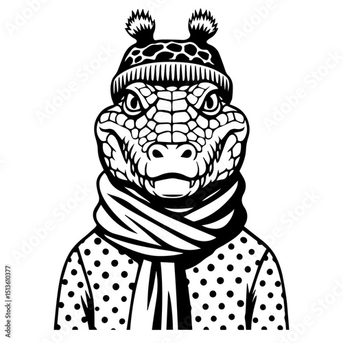 Stylish crocodile in hat and scarf, anthropomorphic animal illustration in black and white, ironic hipster vector for tattoo or print