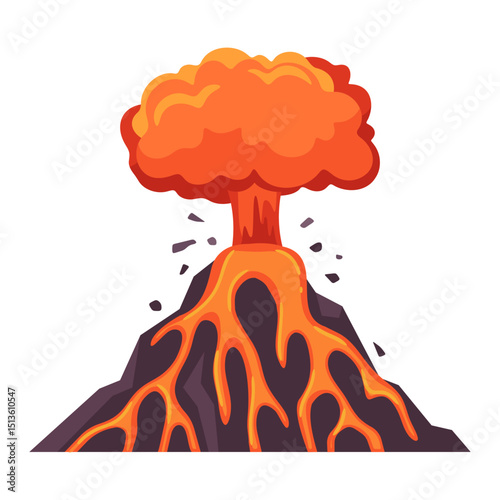 Volcano Eruption with Lava Flowing Down the Mountain Isolated on White Background