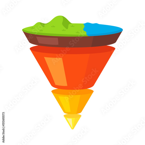 Abstract 3D Illustration of Inverted Pyramid with Earth Layers and Landscape on Top