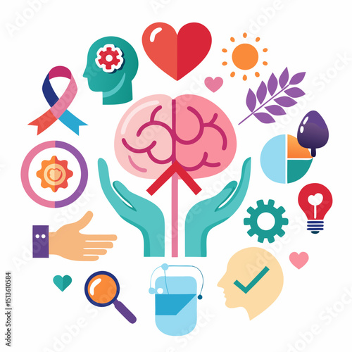 Suicide Prevention Month Vector Symbols - Awareness Ribbon, Support Icons, Mental Health on White Background