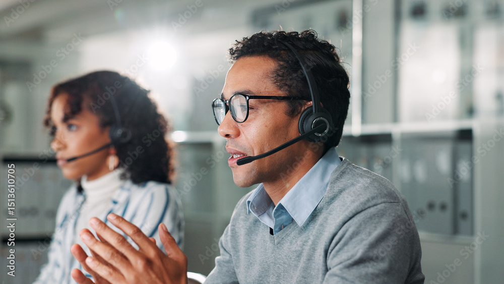 custom made wallpaper toronto digitalConsulting, contact us and support with man in call center for assistance, feedback or online help. Coworking, explain and headset with virtual assistant at desk in office for customer service