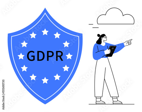 Shield with stars displaying GDPR text emphasizes data protection, paired with a businesswoman holding a tablet and pointing to a cloud. Ideal for technology, cybersecurity, regulation, privacy, data