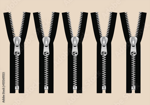 Vector illustration of black zipper icons with silver sliders in different positions - zipper, icons, vector, black, silver, slider, fastener, clothing, fashion, graphic.