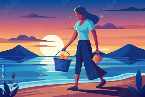 A woman with a plastic waste basket on the beach against the backdrop of sunset is a contribution to cleaning up the world.