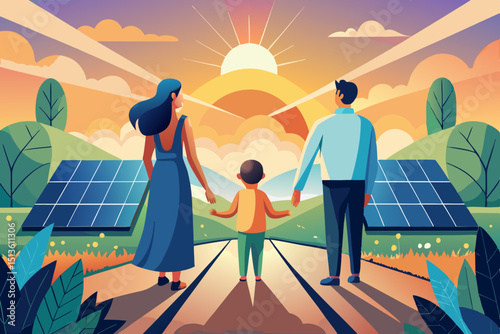 Young family holding hands in front of sunny field with solar panels - choosing for the future