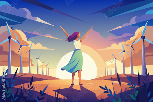 A woman in a light dress walks barefoot through a field with windmills, raising her hands to the sky - freedom, energy and joy