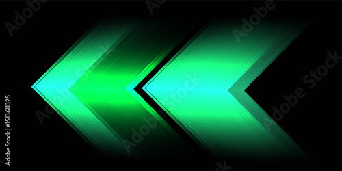 Glowing green neon chevron arrows pointing left on black background, abstract futuristic motion graphic design.