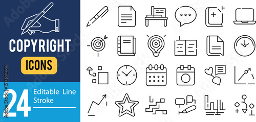 Set of 24 minimal, editable stroke outline Icons related to the Copyright line icon collection. Vector illustration.
