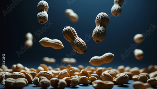 The shelled peanuts floated in the air, displaying their freshness and crunch. These dynamic visuals are perfect for grabbing attention in promotional materials or advertising snack products.