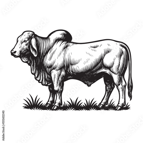 Detailed black and white vector of a Brahman bull standing on grass, showcasing muscular build, loose skin, and a distinctive hump, ideal for prints. Cow, Animals.