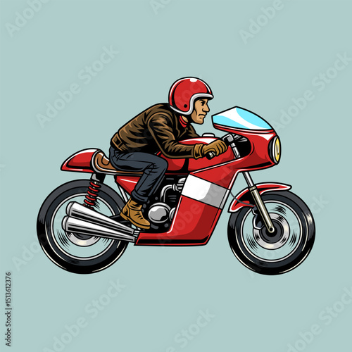 A Bearded Man wearing open face crash helmet riding a red retro cafe racer motorcycle from side view, isolated cartoon illustration on a light background