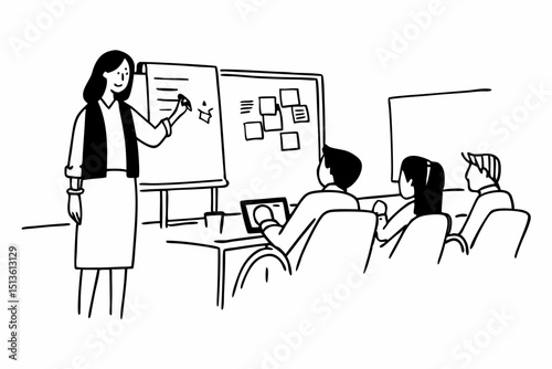 Woman, mentor and whiteboard in office for training, teaching and learning for skill or career development. People, employee and coach or leader at workshop with internship program and motivation