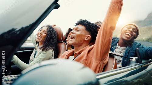 Canvastavla Drive, singing and road trip with happy friends in car together for holiday, travel or vacation