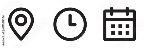 Address. time, and date icon set. position, clock and calendar symbol. business vector design. location, time and date icon for app, ui and website.